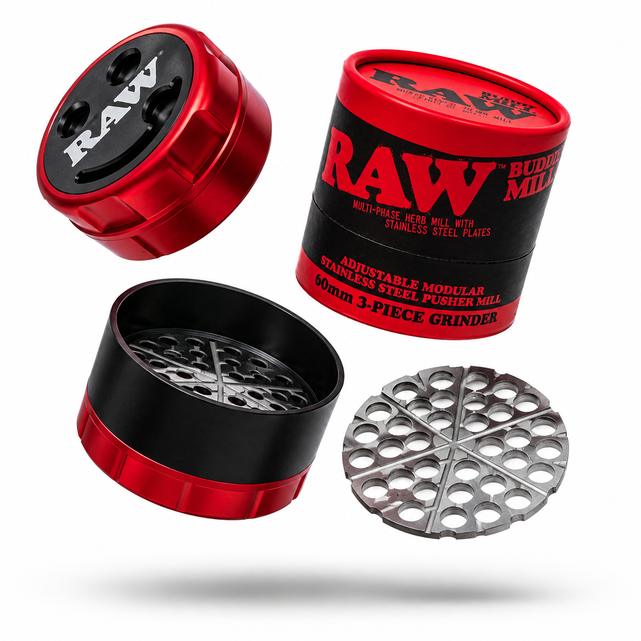 RAW Buddy Mill 60mm 3Piece Grinder Adjustable Particle Size Grinder w Stainless Steel Mill Plates RAW Buddy Mill 60mm 3-Piece Grinder | Adjustable Particle Size Grinder w/ Stainless Steel Mill Plates - Image 1
