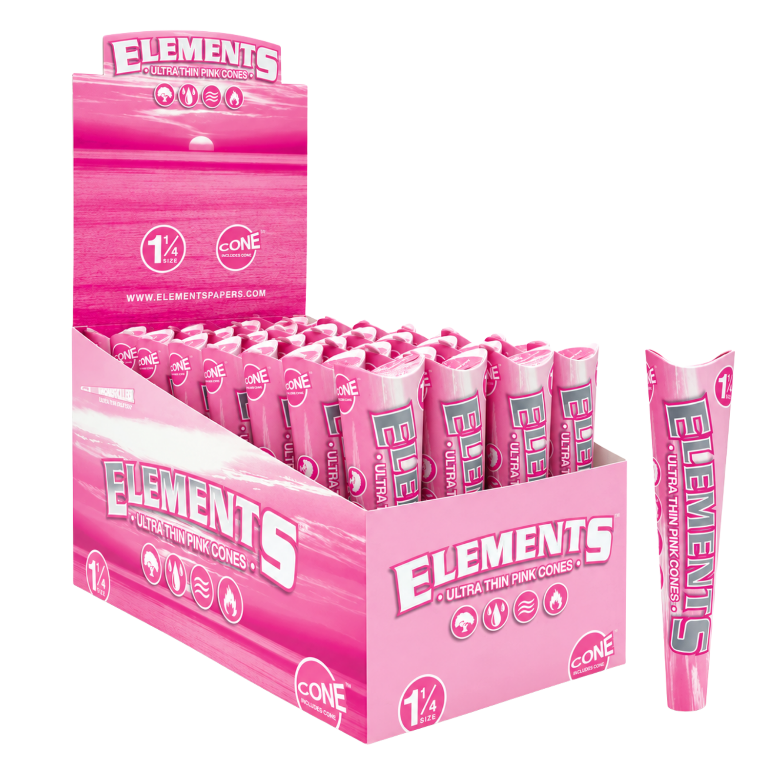 Elements Pink Cones 1 14 Ultra Thin Pre-Rolled Cones Elements Pink Cones 1 1/4 | Ultra Thin Pre-Rolled Cones 6ct 32 Pack - Image 1