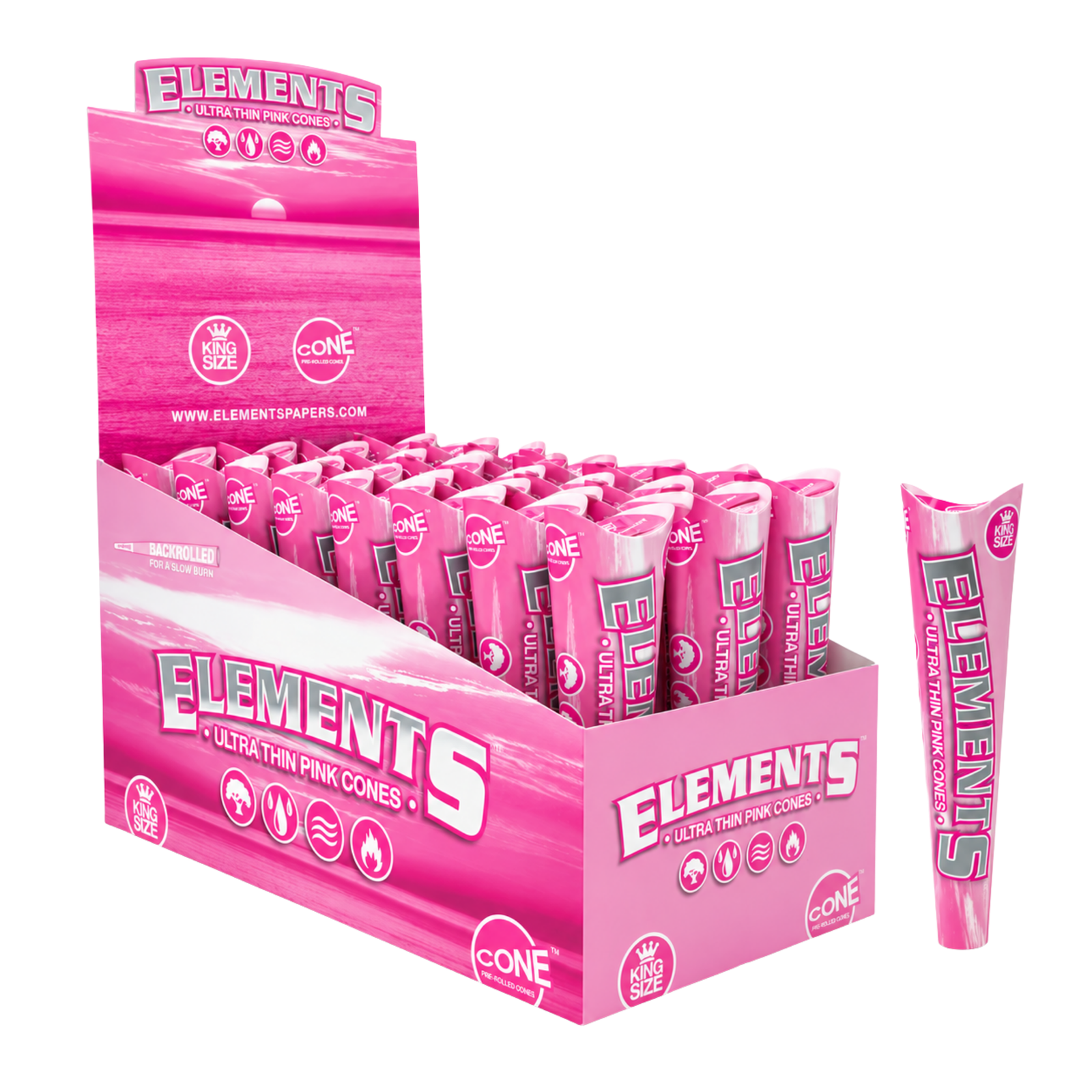 Elements Pink Cones King SIze Ultra Thin Pre-Rolled Cones (1) Elements Pink King Size Cones | Ultra Thin Pre-Rolled Cones 3ct 32 Pack - Image 1